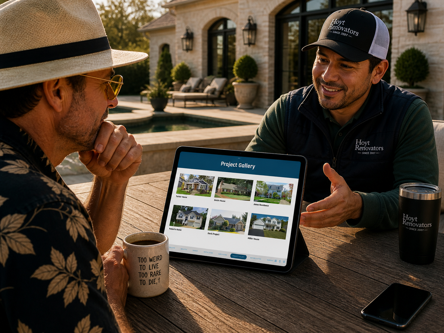 iPad showing project gallery on a front lawn, no Wi-Fi needed