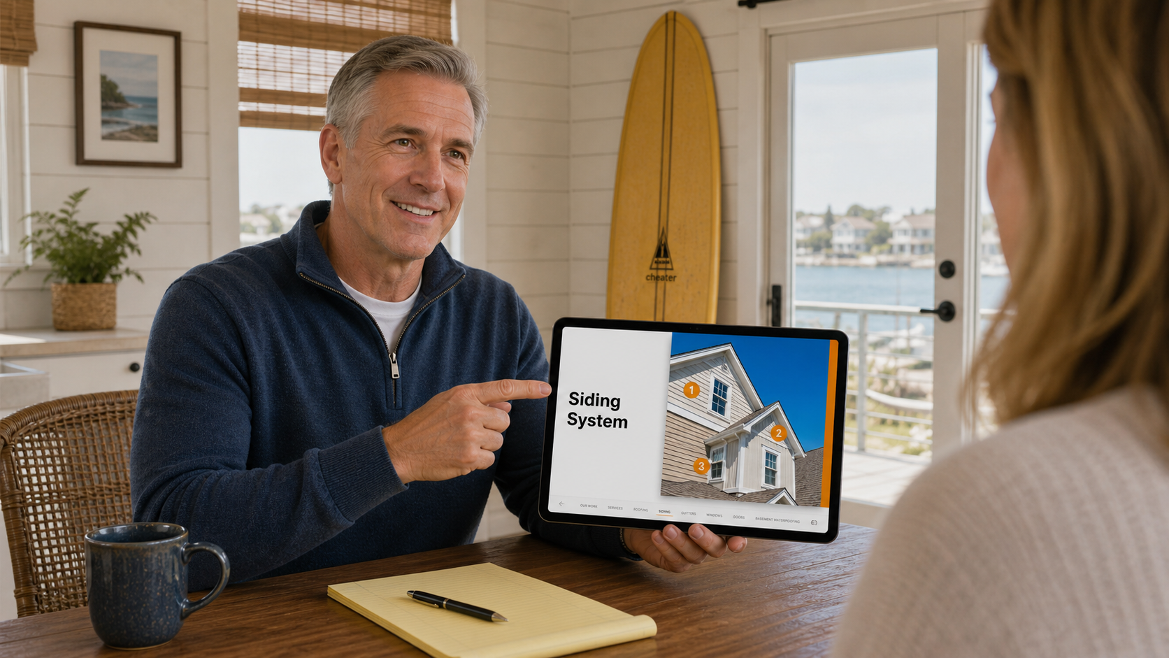 A rep presenting a siding system at the kitchen table